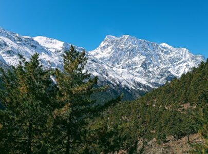 Panoramic view of the Annapurna Circuit trekking trail in Nepal