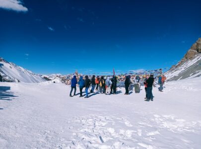 View from Thorong La Pass (5,416m) on the Annapurna Circuit Trek, Nepal Himalayas