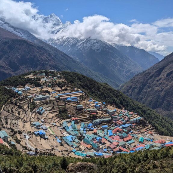 Namche Bazaar village view on Everest Base Camp Trek with surrounding Himalayan peaks