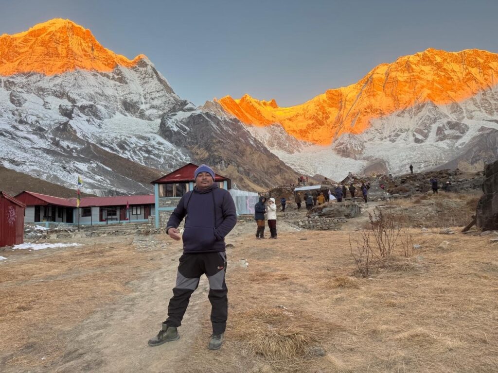 Trekker enjoying Annapurna mountain view, Nepal
