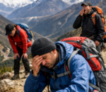 Tired trekkers resting on a Himalayan trail, showing effects of poor sleep