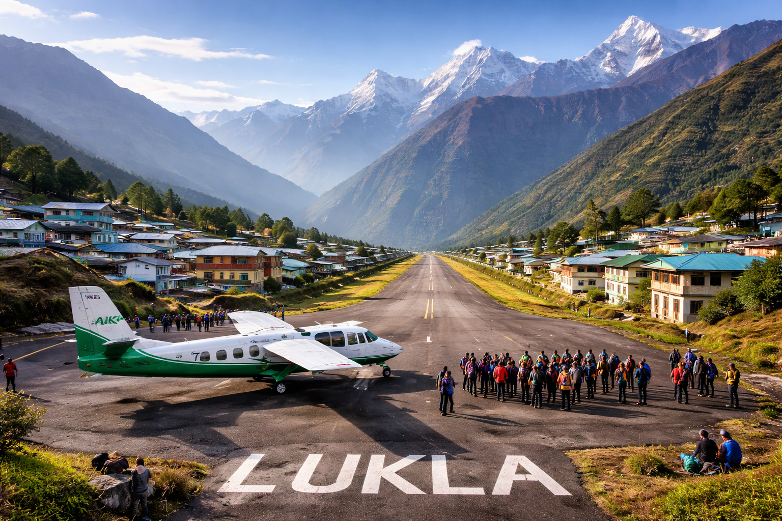 Lukla airport Himalayas Everest trek trekkers plane view