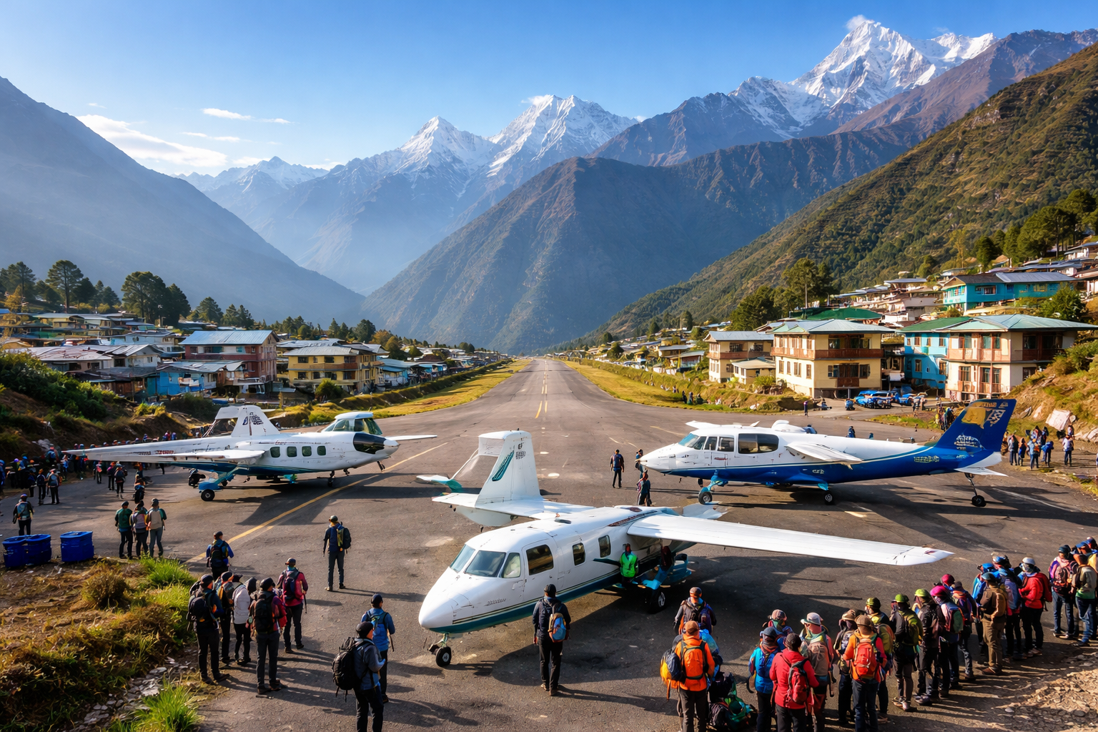 Lukla airport Himalayas trekkers waiting for plane