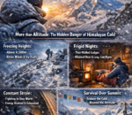 American trekkers facing freezing temperatures and icy trails on the Manaslu Circuit Trek in Nepal, highlighting the extreme Himalayan cold.