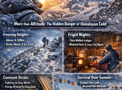 American trekkers facing freezing temperatures and icy trails on the Manaslu Circuit Trek in Nepal, highlighting the extreme Himalayan cold.