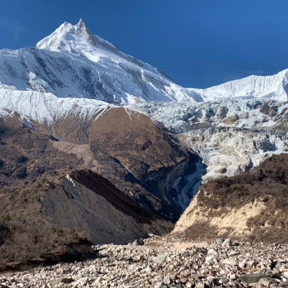 Snow-capped Manaslu peaks during March trek on Manaslu Circuit
