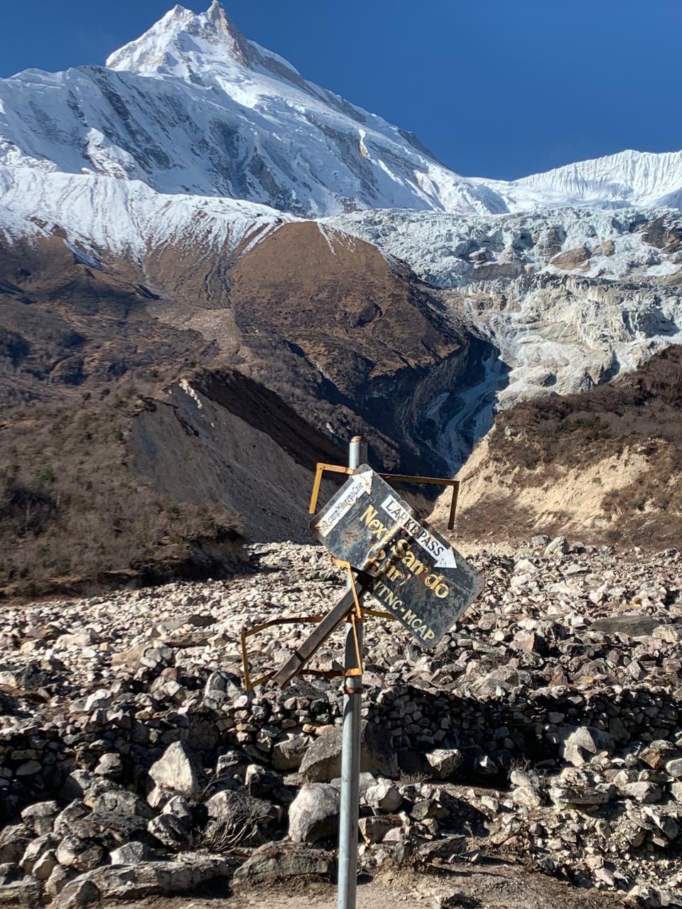 Scenic view of Manaslu Mountain with trekking trails through alpine landscape