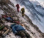 Mount Everest Rainbow Valley with climbers and frozen gear in Death Zone